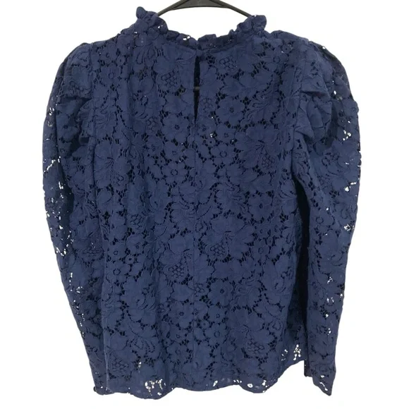 Express Women’s Size M Navy Floral Lace Blouse Mock Neck Long Sleeve Top - Picture 4 of 6